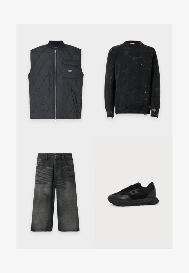 Chaleco acolchado negro con cuello alto, cremallera frontal y un único bolsillo en el pecho. Presenta un patrón de ondas y un detalle de marca en el bolsillo.; Suéter negro tejido con cuello redondo, puños y dobladillo acanalados. Presenta una textura desgastada con marcas más claras. Cremalleras laterales para ajuste.; Pantalones cortos de mezclilla negros de pierna ancha con botón frontal, cremallera, presillas para cinturón y detalles con textura descolorida.; Zapatilla negra de corte bajo con suela texturizada, parte superior de malla y cuero, cierre de cordones en la parte delantera y un pequeño logo en relieve en el panel lateral.