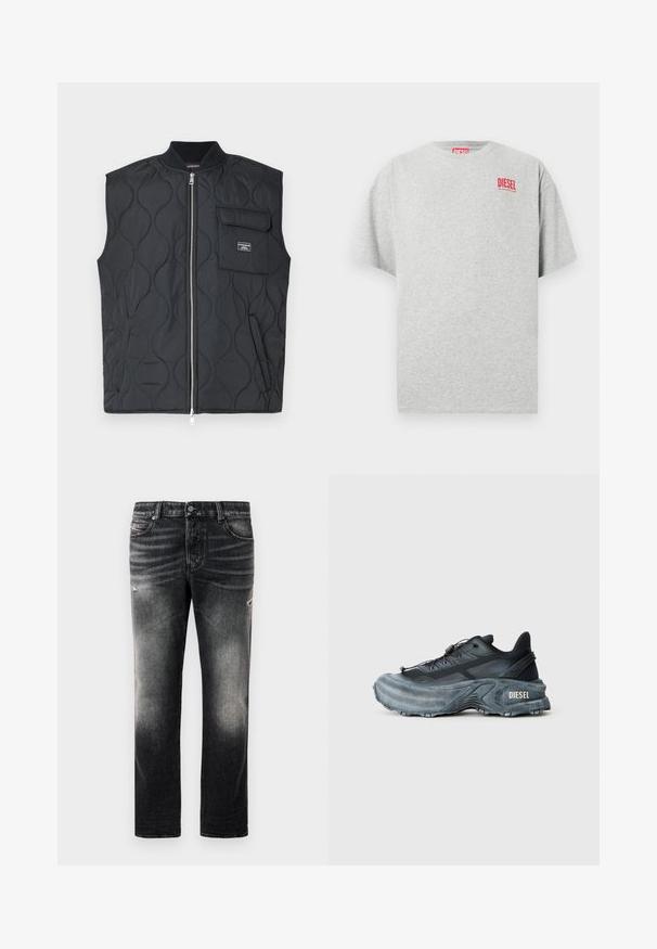 Chaleco acolchado negro con cuello alto, cremallera frontal y un único bolsillo en el pecho. Presenta un patrón de ondas y un detalle de marca en el bolsillo.; Camiseta de algodón gris con cuello redondo y mangas cortas. Presenta un pequeño logo rojo "DIESEL" en el pecho. Textura suave.; Jeans negros con acabado desgastado y toques rasgados, diseño estándar de cinco bolsillos y cierre con cremallera. Elaborados en tela de denim.; Zapatilla Diesel en negro y gris con suela gruesa, cierre de cordón y diseño texturizado sobre un fondo liso de color gris claro.