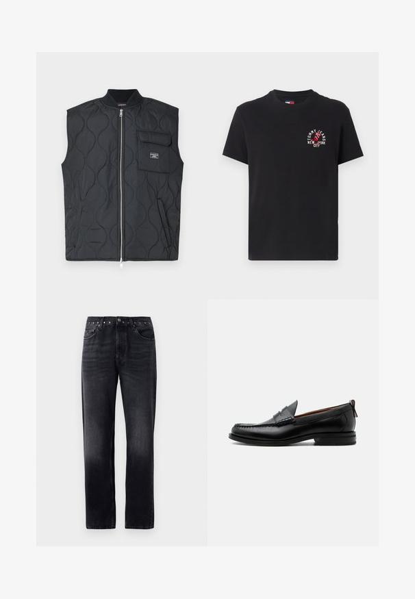 Schwarze gesteppt Weste mit hohem Kragen, Frontreißverschluss und einer einzelnen Brusttasche. Verfügt über ein Wellendesign und ein Markenakzent auf der Tasche.; Schwarzes Baumwoll-T-Shirt mit kurzen Ärmeln und Rundhalsausschnitt, mit einem rot-weißen Grafikdruck, der "TOMMY JEANS NEW YORK CITY" sagt.; Schwarze Denim-Jeans mit geradem Schnitt, ausgestattet mit fünf Taschen, einem metallischen Knopfverschluss und kontrastierenden Nähten. Glatte Textur.; Schwarzer Leder-Herrenschuh mit Mokassinnaht, Penny-Riemen, strukturiertem Kragen und niedrigem gestapeltem Absatz auf weißem Hintergrund.