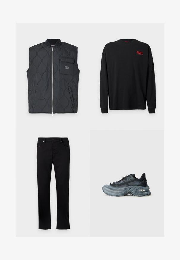 Schwarze gesteppt Weste mit hohem Kragen, Frontreißverschluss und einer einzelnen Brusttasche. Verfügt über ein Wellendesign und ein Markenakzent auf der Tasche.; Schwarzes langärmliges T-Shirt aus Baumwolle mit Rundhalsausschnitt. Verfügt über ein kleines rotes "DIESEL"-Logo auf der linken Brust. Reguläre Passform.; Schwarze Jeans mit geradem Bein, fünf Taschen und Metallknopfverschluss. Mit dezenten Stickereidetails auf der vorderen Tasche.; Schwarz- und graue Diesel-Sneaker mit dicker Sohle, Schnürverschluss und strukturiertem Design auf einem schlichten hellgrauen Hintergrund.