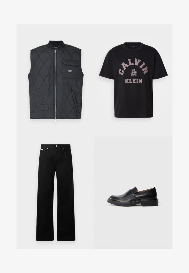 Schwarze gesteppt Weste mit hohem Kragen, Frontreißverschluss und einer einzelnen Brusttasche. Verfügt über ein Wellendesign und ein Markenakzent auf der Tasche.; Schwarzes Baumwoll-T-Shirt mit rundem Halsausschnitt, kurzen Ärmeln und einem Frontgrafikdesign mit "CALVIN KLEIN", "1968" und "NYC" in kontrastierenden beigen Tönen.; Schwarze Denim-Hose im weiten Bein-Design mit fünf Taschen und metallenen Knopfdetails. Glatte Textur, ohne sichtbare Muster.; Schwarze Leder-Pantoletten mit niedrigem Absatz und dezentem Calvin Klein-Logo an der Seite, im Profil vor einem weißen Hintergrund dargestellt.
