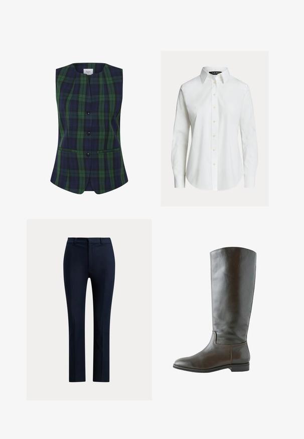 Gilet sans manches à carreaux en vert et marine avec une forme structurée, présentant un décolleté droit, une fermeture à boutons sur le devant et des poches latérales.; Chemise blanche à manches longues avec col pointu, boutons sur le devant et ourlet légèrement incurvé.; Pantalon droit bleu marine foncé sur mesure avec passants de ceinture et fermeture éclair devant, sur fond blanc.; Botte en cuir marron montant, avec une texture lisse, un bout arrondi et peu de détails de couture. Semelle plate avec un petit talon.