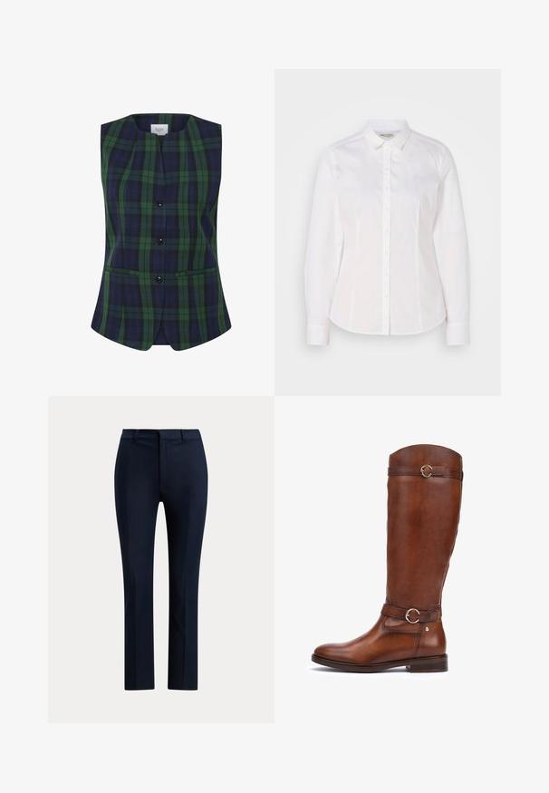 Groene en marineblauwe, geruite mouwloze vest met een gestructureerde vorm, voorzien van een rechte halslijn, een sluiting met knopen aan de voorkant en zijzakken.; Witte button-down shirt van soepel katoen met een klassieke kraag, lange mouwen en een subtiel logo op de borst. Voorzien van een knoopsluiting aan de voorkant.; Donker marineblauwe, op maat gemaakte, rechte broek met riemlussen en een rits aan de voorkant op een witte achtergrond.; Bruine leren laarzen tot de knie met een gladde afwerking, een ronde neus, een decoratieve band met een ronde gesp en een lage stapelhak.