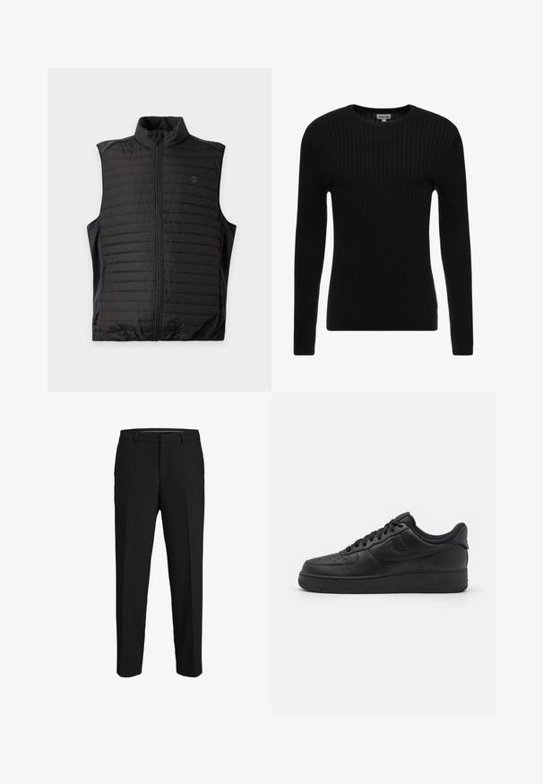 Sort quiltet ærmeløs vest med lynlås foran og ståkrave, vist fladt på en lys baggrund.; Sort ribbet langærmet sweater med rund hals; struktureret stof med lodrette linjer; tætsiddende silhuet; ingen synlige udsmykninger eller detaljer.; Sorte bukser lavet af glat stof, med lige snit, bæltestropper og et fladt frontdesign uden synlige mønstre eller pyntegenstande.; Nike Sportswear AIR FORCE 1 07 FLYEASE - Sneakers - black