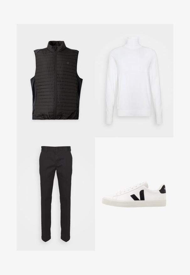 Sort quiltet ærmeløs vest med lynlås foran og ståkrave, vist fladt på en lys baggrund.; Hvid turtleneck sweater med lange ærmer, lavet af glat stof. Har et tætsiddende design og ribbede manchetter og kant. Ingen mønstre eller accenter.; Sorte chinos lavet af bomuldsblanding, med et lige ben design, en glat tekstur og standard bæltesløjfer. Ingen synlige mønstre eller accenter.; Hvide lædersneakers med sorte ruskindsdetaljer; har en gummisål, rund tå og klassisk snørebåndsdesign. Side logo i sort.