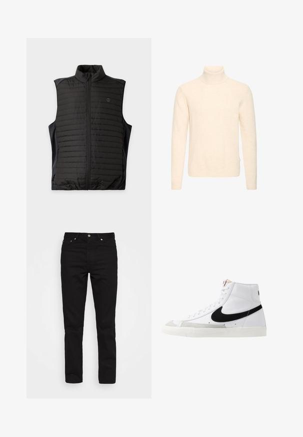 Sort quiltet ærmeløs vest med lynlås foran og ståkrave, vist fladt på en lys baggrund.; Cremefarvet, langærmet rullekravesweater med ribstrikket hals, manchetter og kant, vist på ensfarvet hvid baggrund.; Sorte denimbukser med lige ben, fem lommer og metalbeslag; glat tekstur og klassisk mørk farve.; Hvide høje sneakers med et sort swoosh, struktureret grå tåhætte og flad hvid sål. Har seks snørrehuller og syede detaljer.