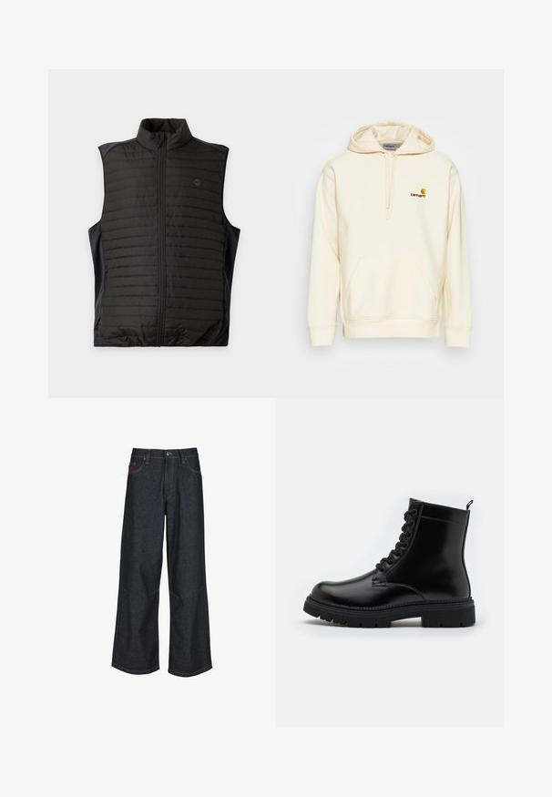 Zwarte doorgestikte mouwloze bodywarmer met rits aan de voorkant en opstaande kraag, plat weergegeven op een lichte achtergrond.; Pullover hoodie in off-white katoenmix. Beschikt over een voork pocket, een trekkoord capuchon en een geborduurd logo in bruin en geel op de borst.; Donkerblauwe wijd uitlopende spijkerbroek van denim, met een klassiek ontwerp van vijf zakken, contrasterende stiksels en een knoopsluiting.; Zwarte leren enkellaars met een ronde neus, vetersluiting, geprofileerde buitenzool en een trekband aan de achterkant voor gemakkelijk aan- en uittrekken.