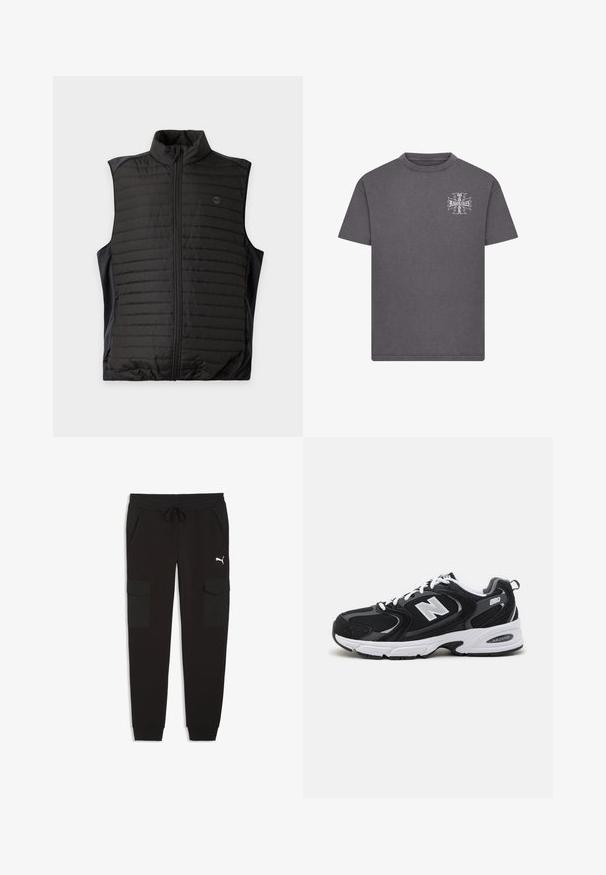 Sort quiltet ærmeløs vest med lynlås foran og ståkrave, vist fladt på en lys baggrund.; Grå bomuld T-shirt med rund hals. Har et hvidt grafisk design på venstre brystområde. Korte ærmer og afslappet pasform.; Sorte Puma joggingbukser med elastisk taljebånd, snøre, sidelommer og klaplommer på hver ben.; Sorte og grå sportssko med mesh og ruskind på overdelen, der har en hvid mellemsål, snørebånd og et iøjnefaldende "N" logo på siden.