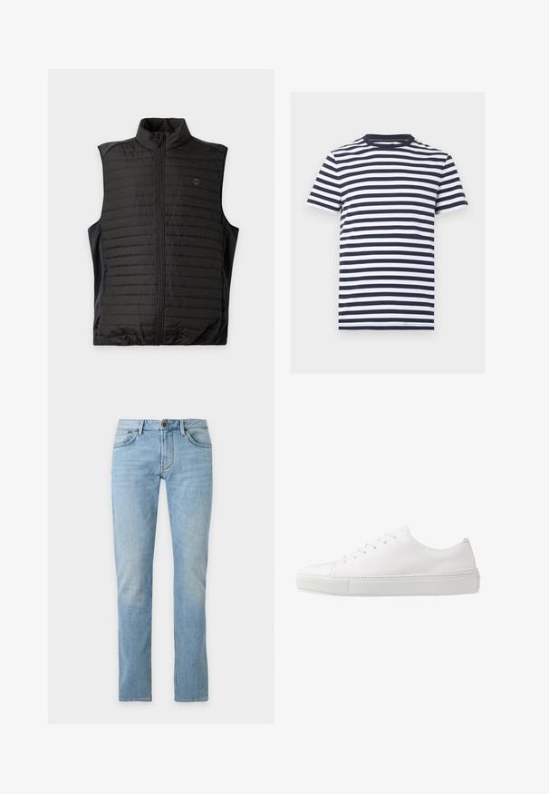 Zwarte doorgestikte mouwloze bodywarmer met rits aan de voorkant en opstaande kraag, plat weergegeven op een lichte achtergrond.; Heren T-shirt met korte mouwen en ronde hals met horizontale marineblauwe en witte strepen op een effen achtergrond.; Lichtblauwe rechttoe-rechtaan spijkerbroek met voorzakken, riemlussen en een knoopsluiting op een effen achtergrond.; Witte leren sneaker met een gladde afwerking, ronde neus en zes oogjes voor veters. Voorzien van een getextureerde rubberen zool en een minimalistisch ontwerp.