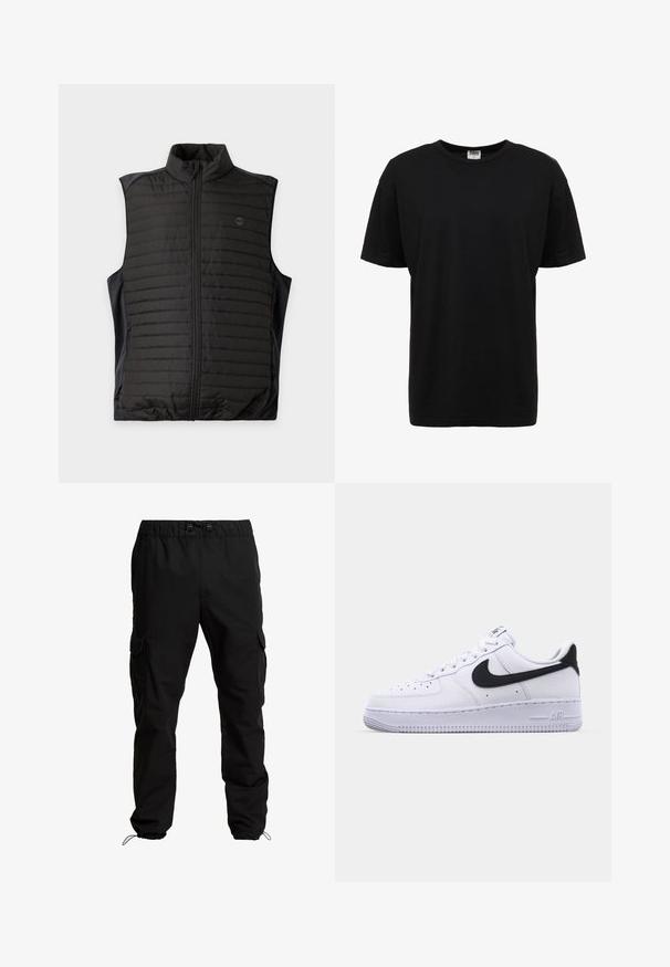 Zwarte doorgestikte mouwloze bodywarmer met rits aan de voorkant en opstaande kraag, plat weergegeven op een lichte achtergrond.; Zwart katoenen T-shirt met ronde hals, korte mouwen, standaard pasvorm, soepele textuur en geen zichtbare patronen of accenten.; Zwarte cargobroek van duurzaam materiaal, met een elastische tailleband, verstelbare trekkoorden en zijzakken met kleppen.; Witte leren sneaker met een gestructureerde zwarte Swoosh, platte veters en een rubberen zool met een geribbeld patroon. "AIR" is in de hak geperst.