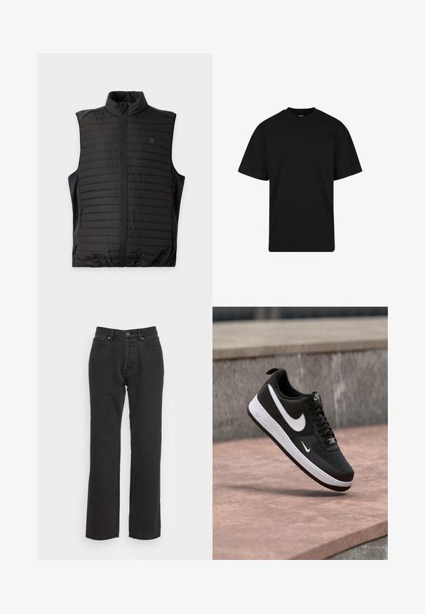 Sort quiltet ærmeløs vest med lynlås foran og ståkrave, vist fladt på en lys baggrund.; Sort T-shirt med korte ærmer og rund hals, afslappet pasform, ensfarvet design uden synlige logoer eller mønstre.; Sorte denim jeans med lige ben-design, med lukning foran ved knap, bæltestropper og to sidelommer. Tekstureret stof.; Sort-hvid Nike Air Force 1 sneaker svævende over en lyserød betonflade med en grå stenbaggrund.