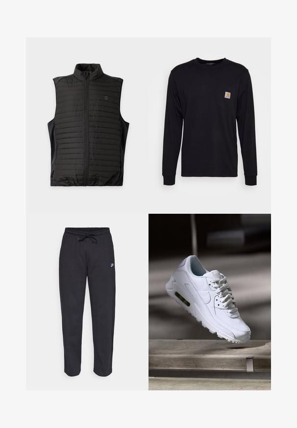 Sort quiltet ærmeløs vest med lynlås foran og ståkrave, vist fladt på en lys baggrund.; Sort langærmet skjorte lavet af bomuld. Har en brystlomme med en kvadratisk grå etiket og orange logo. Enkel, ensfarvet design.; Sorte sweatpants lavet af blødt stof med elastisk talje, snøre og et lille Nike-logo på venstre lår.; Hvide lædersneakers med teksturerede overflader, polstret krave og synlig luftpolstring i sålen. Har snørrebånd og et minimalistisk design.