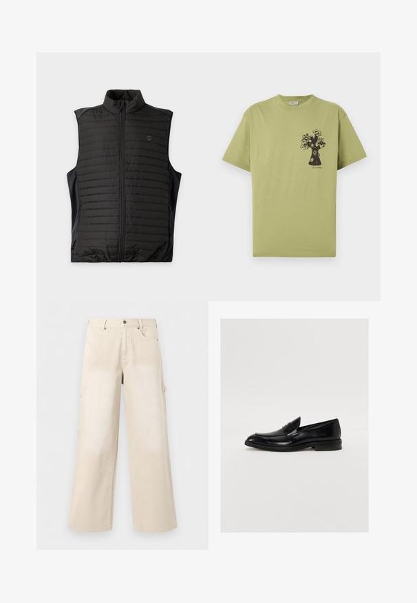Sort quiltet ærmeløs vest med lynlås foran og ståkrave, vist fladt på en lys baggrund.; Lysegrøn T-shirt med korte ærmer og et sort abstrakt blommetræsgrafik på venstre brystområde samt lille tekst under designet.; Beige bukser med brede ben, forlommer, knaplukning og bæltestropper, vist mod en ensfarvet hvid baggrund.; Sorte læder loafers med rund tå, subtil syning og en glat overflade. Har en lav stablet hæl og en strop over vamsen.