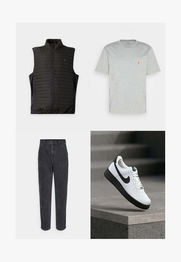 Sort quiltet ærmeløs vest med lynlås foran og ståkrave, vist fladt på en lys baggrund.; Grå bomulds T-shirt med korte ærmer og rund halsudskæring. Har en lomme på venstre bryst og et lille mærkelogo i orange på lommen.; Sorte denim jeans med høj talje, lige ben og store forlommer. Har kontrasterende syninger og ingen synlige logoer.; Hvid lædersneaker med sorte detaljer, rundet tå og perforerede detaljer. Sort gummisål med tekstureret mønster og snørelukning.