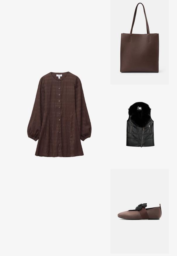 Schwarze Lederweste mit einem Kragen aus Kunstfell, ausgestattet mit Reißverschlusstaschen und einem taillierten Design, das strukturierte Nahtdetails hervorhebt.; Braune, strukturierte Bluse mit Knopfleiste, Rundhalsausschnitt und langen, puffigen Ärmeln. Sie hat horizontale Muster und Seitenentaschen.; Brauner flacher Schuh mit rundem Zehenbereich, schwarzem elastischem Riemen, der mit einer schwarzen Filzblume verziert ist, und kleinem Fersenlasche.; Braune Leder-Umhängetasche mit zwei langen Griffen, rechteckiger Form, glatter Textur und minimalistischem Design ohne zusätzliche Beschläge.