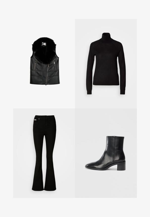 Schwarze Lederweste mit einem Kragen aus Kunstfell, ausgestattet mit Reißverschlusstaschen und einem taillierten Design, das strukturierte Nahtdetails hervorhebt.; Schwarzer Rollkragenpullover aus leichtem Strickmaterial. Mit langen Ärmeln und einer figurbetonten Silhouette mit Raglanärmeln.; Schwarze Schlagjeans mit einer taillierten Passform, aus weichem Denim gefertigt. Mit zwei Vorderaschen und einem klassischen Knopf- und Reißverschluss ausgestattet.; Schwarze Leder-Ankle-Boots mit spitzer Zehe, niedrigem Blockabsatz und dezentem, geprägtem Logo. Glatte Oberfläche mit einem eleganten Design und minimalen Nähten.