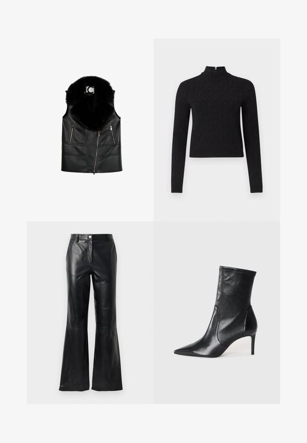 Schwarze Lederweste mit einem Kragen aus Kunstfell, ausgestattet mit Reißverschlusstaschen und einem taillierten Design, das strukturierte Nahtdetails hervorhebt.; Schwarzes Langarmoberteil mit hohem Kragen und Reißverschluss am Kragen. Es verfügt über ein strukturiertes Muster und eine taillierte Silhouette.; Schwarze Kunstlederhosen mit hoher Taille, Knopfverschluss, Gürtelschlaufen und ausgestellten Beinen vor einem weißen Hintergrund.; Schwarze Stiefeletten aus glattem Leder, mit einer spitzen Zehe, schmalem Schaft und schlanker, hoher Ferse. Minimalistisches Design ohne sichtbare Beschläge.