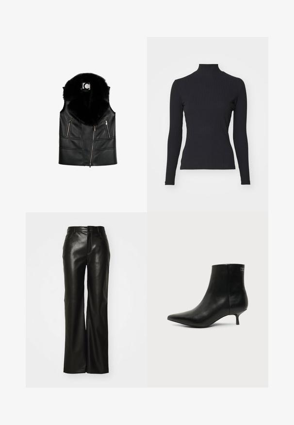 Sort lædervest med en faux fur krave, der har lynlåslommer og en tætsiddende design, som fremhæver strukturerede syningsdetaljer.; Sort ribbet turtle-sweater med lange ærmer. Lavet af strækbart stof med en tætsiddende pasform og høj krave. Enkel design uden udsmykninger.; Sorte bukser i bredt snit af imiteret læder med en glat tekstur, lynlås foran og bæltestropper; minimalistisk design uden synlige mønstre eller detaljer.; Sort læder ankelstøvle med spids tå og lav kitten hæl på lys baggrund, der viser yderside.
