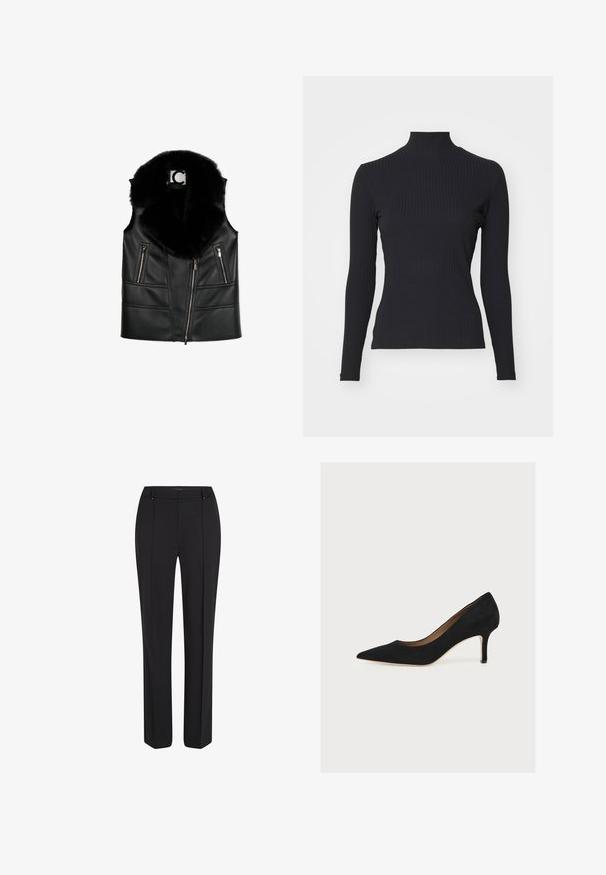 Schwarze Lederweste mit einem Kragen aus Kunstfell, ausgestattet mit Reißverschlusstaschen und einem taillierten Design, das strukturierte Nahtdetails hervorhebt.; Schwarzes, geripptes Rollkragenoberteil mit langen Ärmeln. Aus dehnbarem Stoff mit figurbetonter Passform und hohem Kragen. Einfaches Design ohne Verzierungen.; Schwarze, maßgeschneiderte Hose aus glattem Stoff. Sie verfügt über ein gerades Bein, zwei Vordertaschen und dezente goldene Akzente an der Taille.; Schwarzer Wildleder-Pumps mit spitzer Zehenpartie, mittelhohem Stilettoabsatz und hellbrauner Innensohle auf hellem Hintergrund.
