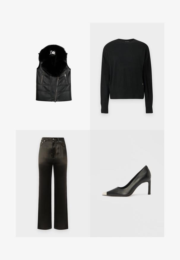 Sort lædervest med en faux fur krave, der har lynlåslommer og en tætsiddende design, som fremhæver strukturerede syningsdetaljer.; Sort strikket sweater med lange ærmer, rund halsudskæring, ribbet kant og manchetter, med diskret branding i guld på den nederste side.; Bredde ben sorte satinbukser med høj talje, der har forlommer og metalliske knapdetaljer. Glat tekstur og elegant design.; Sort læder højhælet sko med spids tå og metal-sølv hætte. Har en glat finish og en slank hæl på 10 cm.