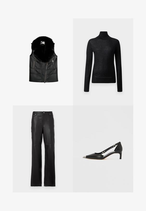 Schwarze Lederweste mit einem Kragen aus Kunstfell, ausgestattet mit Reißverschlusstaschen und einem taillierten Design, das strukturierte Nahtdetails hervorhebt.; Schwarzes Langarm-Turtleneck-Oberteil aus leichtem Stoff, mit taillierter Passform und minimalen Nahtdetails, ideal zum Lagenlook.; Schwarze Lederhosen mit geradem Beinschnitt, Fronttaschen und metallischen Knopfakzenten. Glatte Textur mit sauberen Nähten.; Schwarzer Lederschuh mit Katzenabsatz, spitzer silberner Zehenkappe und doppelten Schnallenriemen vor weißem Hintergrund.