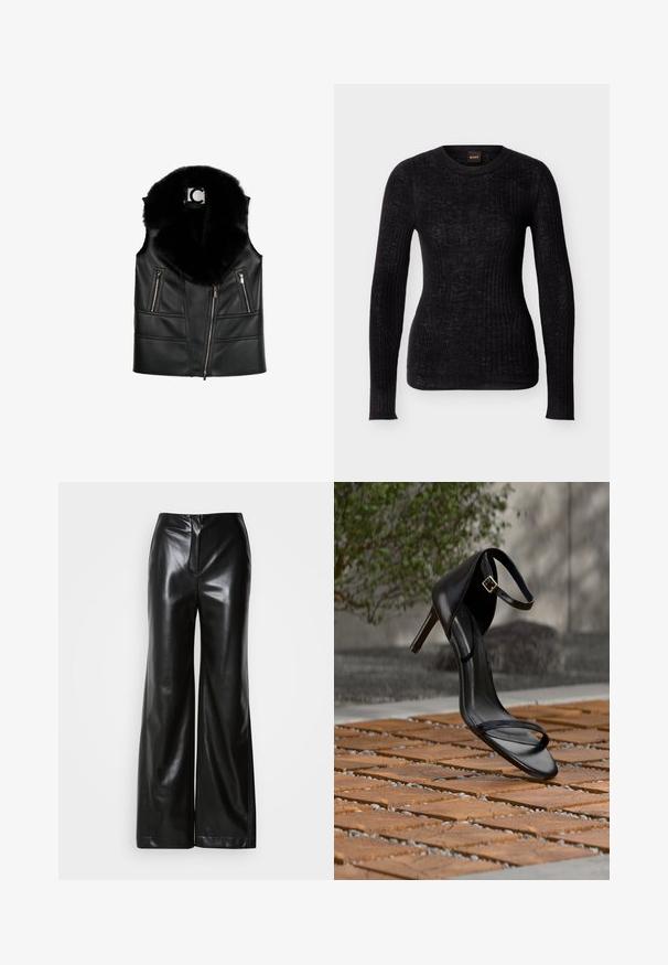 Schwarze Lederweste mit einem Kragen aus Kunstfell, ausgestattet mit Reißverschlusstaschen und einem taillierten Design, das strukturierte Nahtdetails hervorhebt.; Schwarzer, langärmliger, gerippter Strickpullover mit Rundhalsausschnitt, enger Passform und dezentem Strukturmuster.; Schwarze Lederweite-Hosen mit glatter Textur, hohem Bund und verdecktem Reißverschluss an der Vorderseite. Maßgeschneiderte Passform mit sauberem Finish.; Schwarze Sandalette mit hohem Absatz und Knöchelriemen schwebt über einem Holzboden im Freien vor verschwommenem Grün und Steinhintergrund.