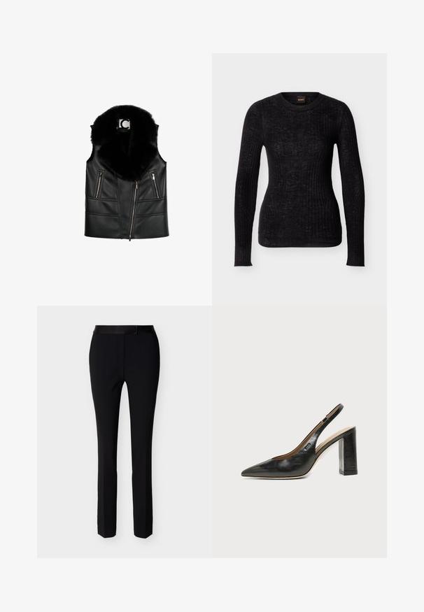 Sort lædervest med en faux fur krave, der har lynlåslommer og en tætsiddende design, som fremhæver strukturerede syningsdetaljer.; Sort langærmet ribstrikket sweater med rund halsudskæring, tætsiddende pasform og subtilt teksturmønster.; Sorte skræddersyede formelle bukser med frontlynlås og linning, designet til et tilpasset og poleret udseende.; Sort læder peep-toe slingback sko med høj blokhæl og beige indvendig foring mod en ensfarvet lys baggrund.