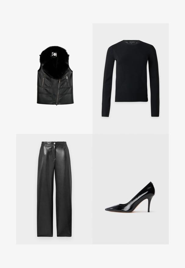 Gilet en cuir noir avec col en fausse fourrure, doté de poches zippées et d'un design ajusté, mettant en valeur des détails de couture structurés.; Pull noir à manches longues avec col rond, coupe slim et détails subtils de couture, présenté sur un fond clair uni.; Pantalon large noir en matériau brillant. Doté d'une fermeture à bouton à l'avant, d'un léger reflet et de lignes épurées sans motifs visibles.; Escarpin à talon haut en cuir verni noir avec un bout pointu, présentant une texture lisse et un talon aiguille mince. Aucun accessoire visible.