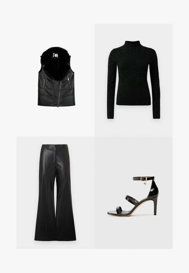 Sort lædervest med en faux fur krave, der har lynlåslommer og en tætsiddende design, som fremhæver strukturerede syningsdetaljer.; Sort turtleneck sweater med lange ærmer, prydet med et tekstureret mønster og en tætsiddende pasform. Fremstillet af et blødt, strækbart materiale.; Sorte bukser i bred benvidde lavet af kunstlæder med en glat tekstur, udstyret med en skræddersyet talje og forreste folder for et struktureret udseende.; Sorte patenterede lædersandaler med tre stropper, ankelspænde og 10 cm stiletthæl. Har detaljer i guld og et logo charms.