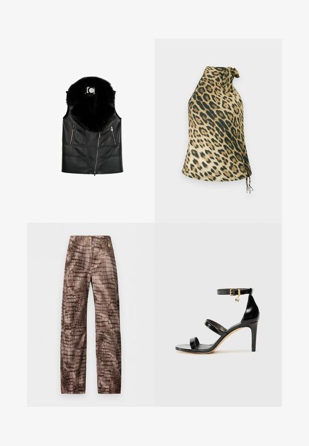 Čierna kožená vesta s golierom z umelého kožušiny, s vreckami na zips a priliehavým strihom, zdôrazňujúca štruktúrované prešívanie.; Halter top s leopardím vzorom vyrobený z mäkkej látky. Obsahuje viazanie na krku a dekoratívne sťahovanie na leme. Paleta farieb zahŕňa béžovú a tmavozelenú.; Hnedé nohavice s rovnými nohavicami v krokodílom vzore, s vysokým pásom, zapínaním na gombíky a malou zlatou značkou na pravej strane.; Čierne lakované sandále s tromi pásikmi, spona na členku a 10 cm ihlovým podpätkom. Obsahujú zlaté detaily s hardwarem a logo prívesok.