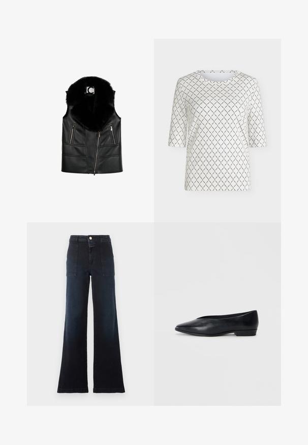 Sort lædervest med en faux fur krave, der har lynlåslommer og en tætsiddende design, som fremhæver strukturerede syningsdetaljer.; Hvid top med korte ærmer med sort kædelinks mønster, der danner diamanter over hele stoffet, og rund halsudskæring.; Mørkeblå jeans med høj talje og vide ben med forlommer i lap, bæltestropper og knaplukning på en ensfarvet lys baggrund.; Sorte læder flade sko med spids tå, let hævet hæl og glat overflade. Simpelt design uden synligt hardware eller mønstre.