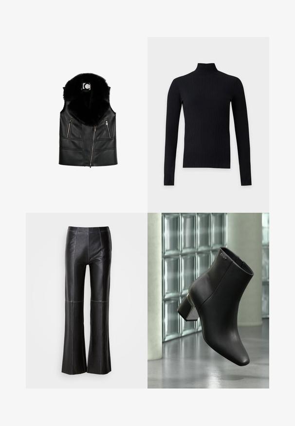 Schwarze Lederweste mit einem Kragen aus Kunstfell, ausgestattet mit Reißverschlusstaschen und einem taillierten Design, das strukturierte Nahtdetails hervorhebt.; Schwarzer gerippter Langarm-Rollkragenpullover mit figurbetonter Silhouette vor einfarbig hellem Hintergrund.; Schwarze Lederhosen mit ausgestelltem Bein, kontrastierenden blauen Nähten, glatter Textur, hoher Taille und figurbetontem Schnitt.; Schwarzer Leder-Stiefelette mit Blockabsatz, DKNY-Logo nahe oben, dargestellt vor einer Glasblockwand und poliertem Betonboden.