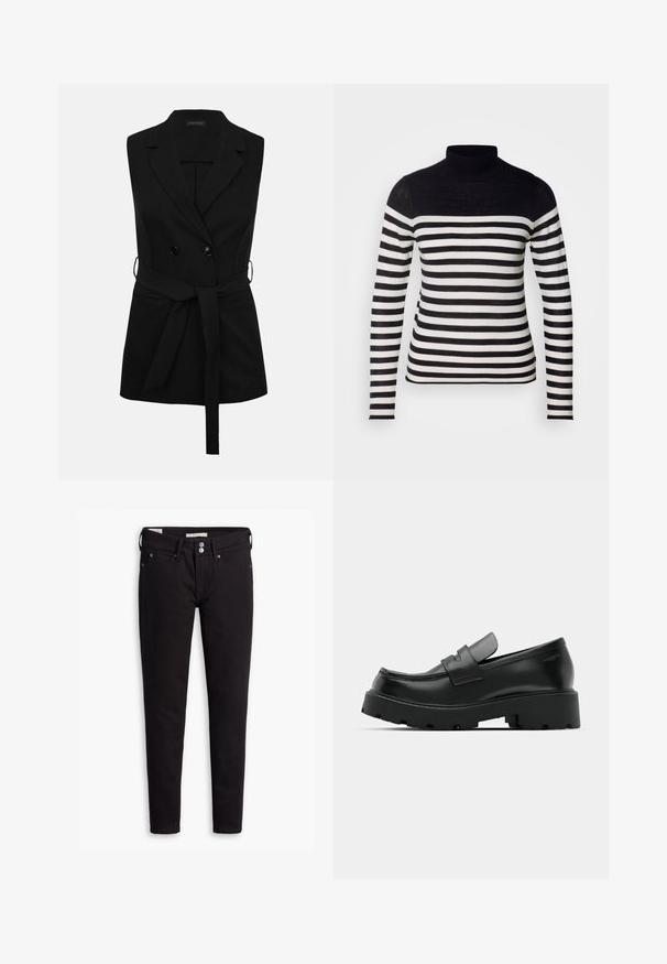 Veste blazer sans manches noire avec col à revers, double boutonnage, ceinture à nouer à la taille et poches latérales, vue de face sur fond blanc.; Pull en maille à col roulé rayé noir et blanc avec des manches longues. Présente une section supérieure noire unie et des rayures horizontales sur le corps.; Jeans en denim noir avec une coupe slim, dotés d'une fermeture à boutons, de cinq poches et de détails de couture subtils. Texture lisse et matériau durable.; Mocassins en cuir noir avec une semelle épaisse et texturée, dotés d'une sangle sur le vamp et d'une finition lisse et polie.