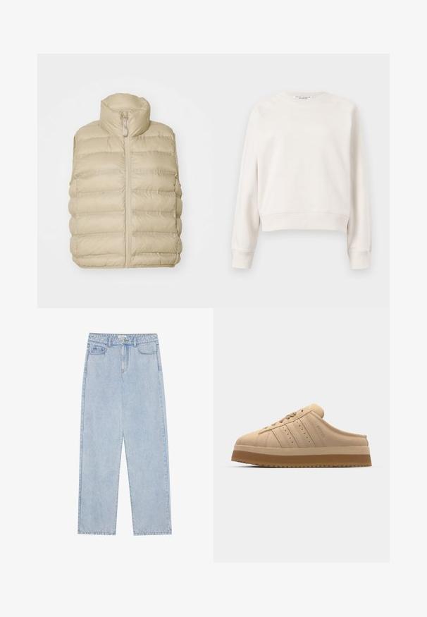 Beige puffervest med høj krave, frontlynlås og vandret quiltet mønster. Blødt, letvægtigt stof med minimal udsmykning.; Off-white langærmet crewneck-sweatshirt med ribstrikkede manchetter og kant, vist mod en ensfarvet baggrund.; Lyseblå, højtaljede denimbukser med lige ben, fem lommer og synlige sømme. Materialet har en klassisk vaskeeffekt.; Vellustan slip-on sneakers med rund tå, tyk platformsål, tekstureret overdækning og tre lodrette striber på siden.