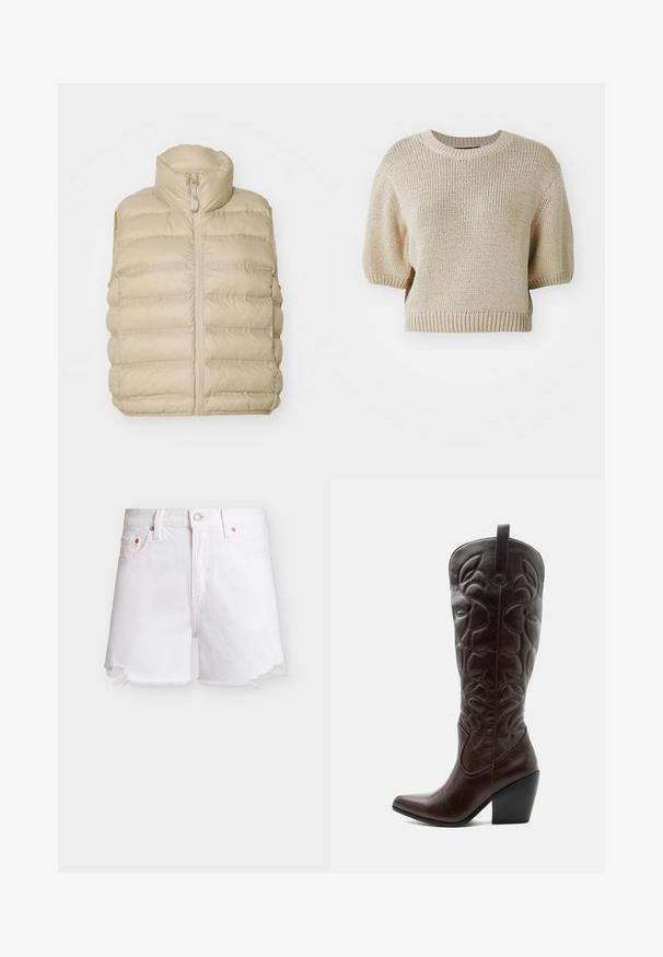 Beige puffervest med høj krave, frontlynlås og vandret quiltet mønster. Blødt, letvægtigt stof med minimal udsmykning.; Beige strikket kortærmet sweater med rund hals. Har en struktureret pasform med tekstureret, løst væv og ribbede kanter.; Hvide denimshorts med knap- og lynlåslukning foran, bæltestropper, fem lommer og slidte kanter.; Høj mørkebrun læder cowboystøvle med syede dekorative mønstre, spids tå og stablet blokhæle.