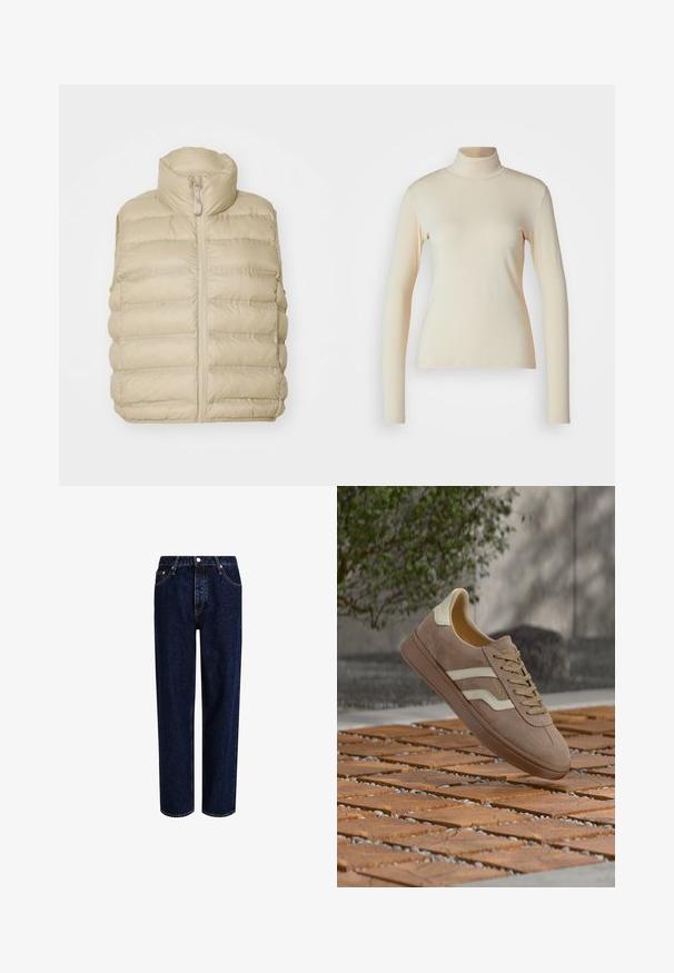Beige puffervest med høj krave, frontlynlås og vandret quiltet mønster. Blødt, letvægtigt stof med minimal udsmykning.; Cremefarvet langærmet turtleneck top lavet af glat, strækbart stof; tætsiddende design med høj hals og ingen synlige mønstre eller detaljer.; Mørkeblå denim jeans med lige ben-design, der har høj talje, fem-lomme-stil og kontrastsyninger. Ingen dekorationer.; Brun ruskindssneaker med hvide striber og snørebånd, svævende over trægulv udendørs med grøn vegetation og grå væg i baggrunden.