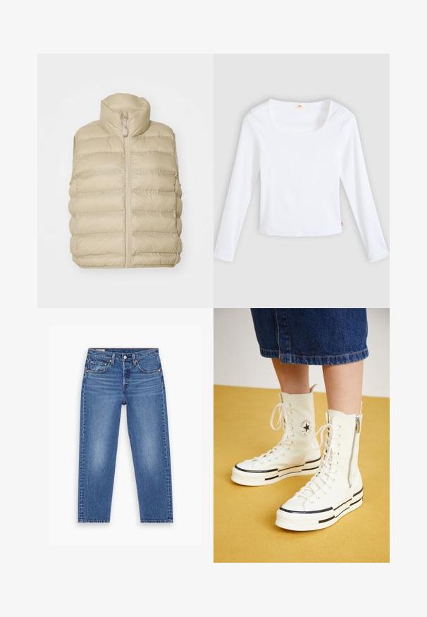 Beige puffervest med høj krave, frontlynlås og vandret quiltet mønster. Blødt, letvægtigt stof med minimal udsmykning.; Hvid langærmet t-shirt lavet af ribstrikket stof, med firkantet halsudskæring og tætsiddende design, med en lille logotag i siden.; Blå højtaljede lige ben jeans med frontknap, lynlås og fem-lomme design, vist fladt på en hvid baggrund.; Hvide høj-top sneakers med lynlåslukning, snørresystem og sorte striber på en tyk sål. Tekstureret kanvasmateriale.