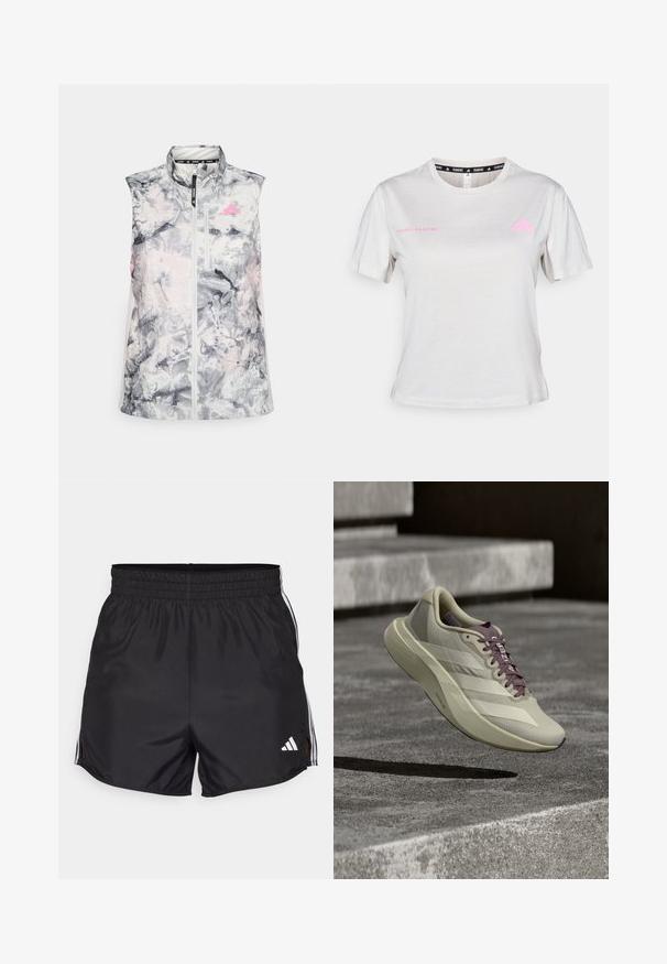 Mouwloos hardloopvest in een grijs en roze abstract patroon, met een hoge kraag, een rits aan de voorkant en een klein borstzakje.; Lichtgrijze T-shirt met korte mouwen, met een ronde hals, "ADIDAS RUNNING" in het roze gedrukt, met het roze Adidas-logo op de borst. Zachte stofstructuur.; Zwarte sportshorts met een elastische tailleband, zijsplitten en witte drievoudige strepenaccenten. Bevat een klein wit logo op de rechteronderkant.; Beige sportschoen met een bovenwerk van gestructureerd mesh, witte strepen en paarse accenten. Lichtgewicht ontwerp en afgeronde neus voor verbeterde prestaties.