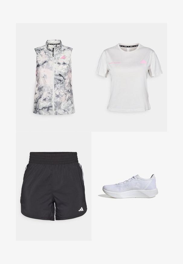 Ærmeløs løbevest i et gråligt og pink abstrakt mønster, med høj krave, en frontlynlås og en lille brystlomme.; Lys grå T-shirt med korte ærmer, der har en rund hals, "ADIDAS RUNNING" trykt i pink, med pink Adidas-logo på brystet. Blød stoftekstur.; Sorte atletiske shorts med elastisk talje, sidelommer og hvid stribeaccent på siderne. Fremstillet af letvægtsmateriale.; Hvide sportssko med en åndbar mesh-overdel, snørebåndsdesign, polstret krave og en struktureret gummisål for bedre greb.