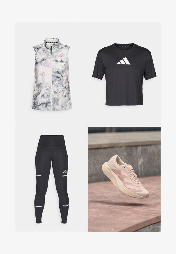 Gilet de course sans manches dans un motif abstrait gris et rose, présentant un col montant, une fermeture éclair à l'avant et une petite poche poitrine.; T-shirt noir court en tissu lisse, avec un logo Adidas blanc sur la poitrine, un col rond et des manches courtes.; Leggings noirs avec une taille haute, fabriqués dans un matériau lisse. Présentent des bandes réfléchissantes blanches près des genoux et un logo Adidas.; Baskets rose clair avec trois bandes rose foncé et des lacets, suspendues en l'air au-dessus d'une surface en pierre et des marches en arrière-plan.