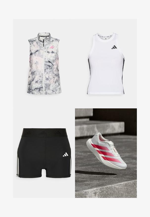 Ærmeløs løbevest i et gråligt og pink abstrakt mønster, med høj krave, en frontlynlås og en lille brystlomme.; Hvid athletic tanktop med sorte sideaccentuer og logo. Har en scoop-neckline og tætsiddende design, lavet af letvægts, åndbart materiale.; Sorte atletiske shorts lavet af strækbart materiale. Har en bred sort talje med præget logo og hvide sidestriber.; Hvid løbesko med tre markante røde striber, i luften over betontrin, der fremhæver letvægtsdesign og tekstureret sål.