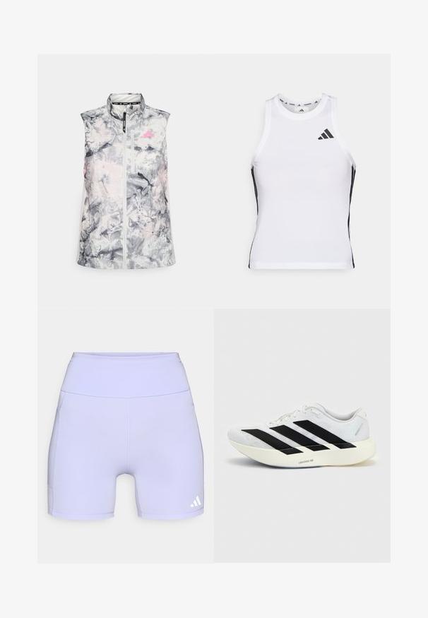 Ærmeløs løbevest i et gråligt og pink abstrakt mønster, med høj krave, en frontlynlås og en lille brystlomme.; Hvid athletic tanktop med sorte sideaccentuer og logo. Har en scoop-neckline og tætsiddende design, lavet af letvægts, åndbart materiale.; Lilla sportsbukser lavet af strækbart stof, med en høj talje og sidesømme, samt en hvid logoaccent på den nederste side.; Hvid løbesko med sort tre-stribet design på siden og tyk hvid sål mærket "Lightstrike Pro" på ensfarvet baggrund.