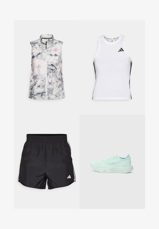 Ærmeløs løbevest i et gråligt og pink abstrakt mønster, med høj krave, en frontlynlås og en lille brystlomme.; Hvid athletic tanktop med sorte sideaccentuer og logo. Har en scoop-neckline og tætsiddende design, lavet af letvægts, åndbart materiale.; Sort atletiske shorts med elastisk talje, sideslids og hvide tre-stribes detaljer. Har et lille hvidt logo nederst til højre.; Lyseblå løbesko med en mesh-overdel, struktureret sål og polstret krave. Har neonlysende detaljer og et strømlinet design.