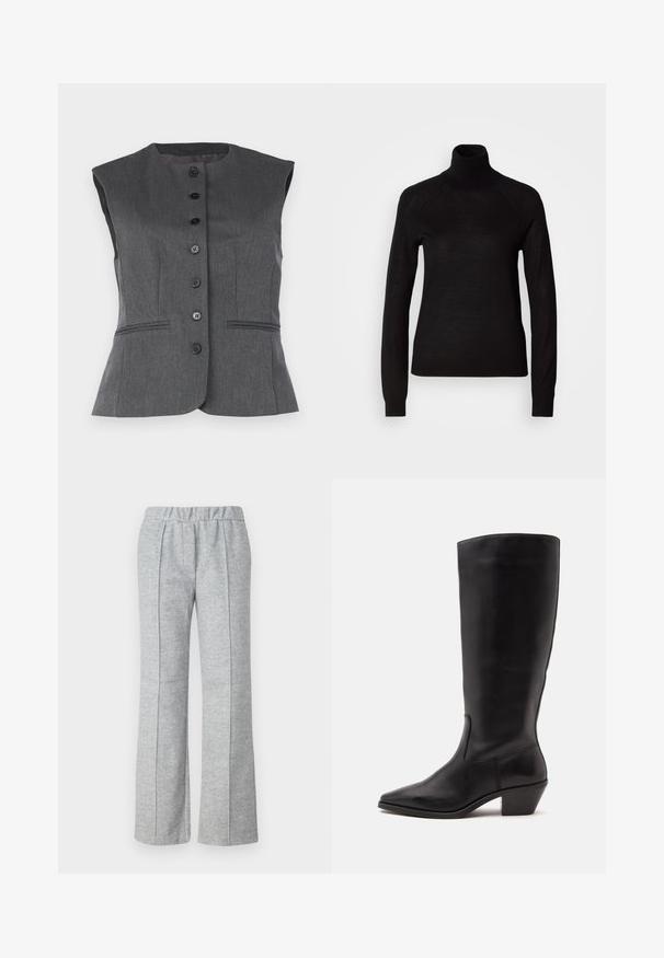 Chaleco sin mangas gris hecho de tejido texturizado, con un escote redondo, seis botones negros y dos bolsillos frontales con un detalle de piping.; Suéter negro de cuello alto hecho de un tejido de punto ligero. Presenta mangas largas y una silueta ajustada con costuras raglán.; Pantalones grises de pierna ancha hechos de una tela texturizada; cuentan con una cinturilla elástica y detalles de pliegues en el frente. Diseño limpio y minimalista.; Bota de cuero negra hasta la mitad de la pantorrilla con puntera puntiaguda y tacón bajo inclinado sobre un fondo claro y liso.