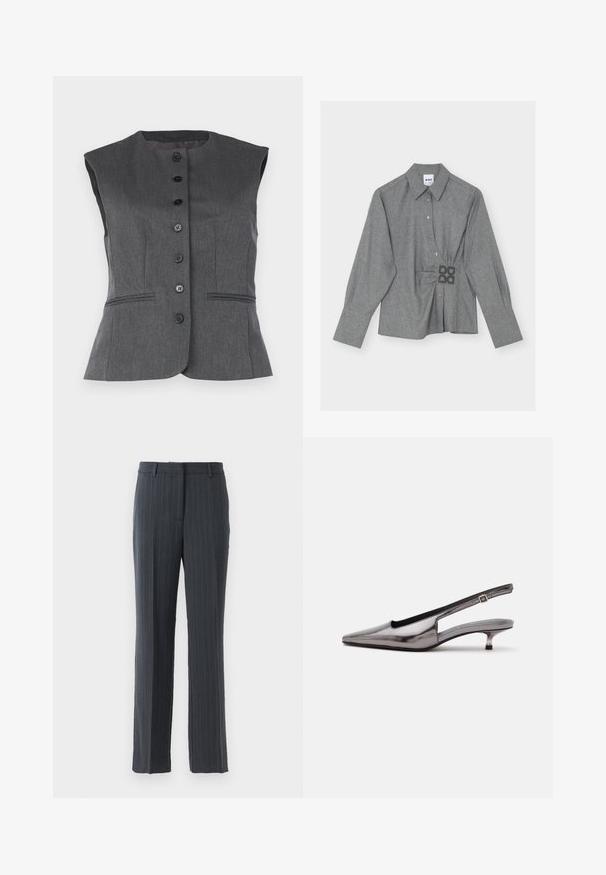 Chaleco sin mangas gris hecho de tejido texturizado, con un escote redondo, seis botones negros y dos bolsillos frontales con un detalle de piping.; Camisa gris de manga larga con botones, puños anchos, cuello puntiagudo y detalle fruncido en el lado derecho con un logo texturizado.; Pantalones de traje rectos de color gris oscuro con rayas, con trabillas y cierre de cremallera frontal sobre un fondo blanco.; Zapato slingback gris metálico con punta puntiaguda, tacón bajo tipo kitten y correa ajustable sobre fondo blanco.