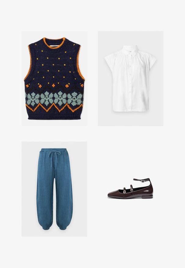 Veste sans manches en tricot bleu marine avec bordure orange, points jaunes et une bande décorative de fleurs bleu clair et zigzags orange sur le devant.; Chemisier blanc à manches courtes avec boutons, col classique et détails froncés aux épaules.; Pantalon bleu texturé ample avec ceinture élastique et poignets aux chevilles, avec un cordon de serrage à l'avant pour l'ajustement.; Ballerines en cuir verni marron avec un bout pointu, présentant deux sangles réglables et des boucles en argent, ainsi qu'un petit talon carré.