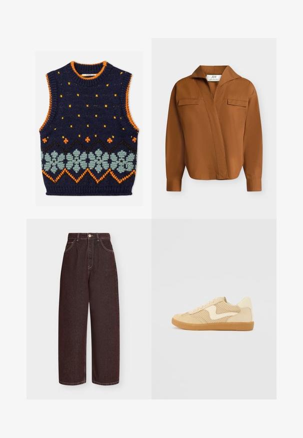 Veste sans manches en tricot bleu marine avec bordure orange, points jaunes et une bande décorative de fleurs bleu clair et zigzags orange sur le devant.; Chemise marron à manches longues avec un large col et deux poches poitrine, vue de face sur un fond uni.; Jean large taille haute brun foncé avec poches avant, passants de ceinture, fermeture par bouton et coutures visibles sur fond uni.; Sneaker beige avec des matériaux en daim et en maille, forme arrondie, col rembourré proéminent et semelle en caoutchouc gomme. Présente un accent de design en forme de vague.