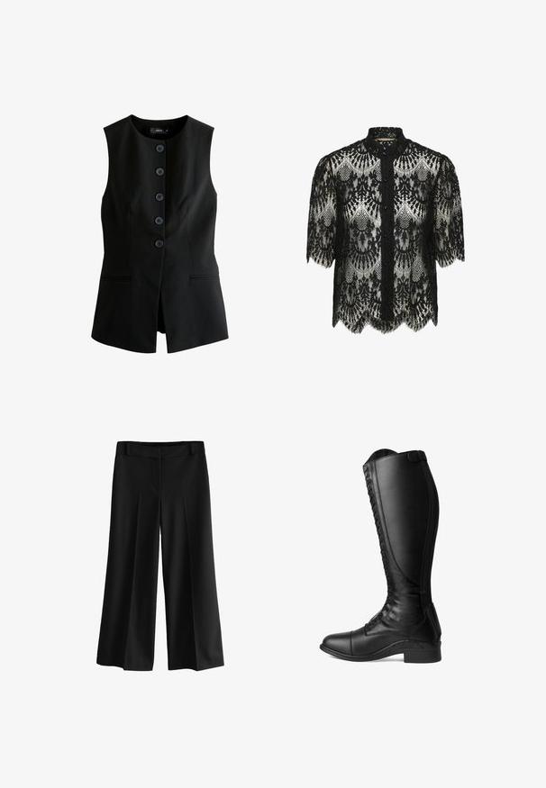 Gilet noir sans manches à boutons, encolure ronde et deux poches horizontales devant, coupe ajustée.; Blouse en dentelle noire avec un ourlet festonné et des manches courtes. Présente un col haut et une fermeture à boutons. Motif floral complexe sur l'ensemble.; Pantalons larges noirs en tissu lisse, avec une taille haute, des plis et une coupe cintrée. Pas de quincaillerie ou de motifs visibles.; Bottes de moto en cuir noir avec un long empiècement, le laçage sur le devant, un bout arrondi et un talon bas. Texture lisse et design épuré.