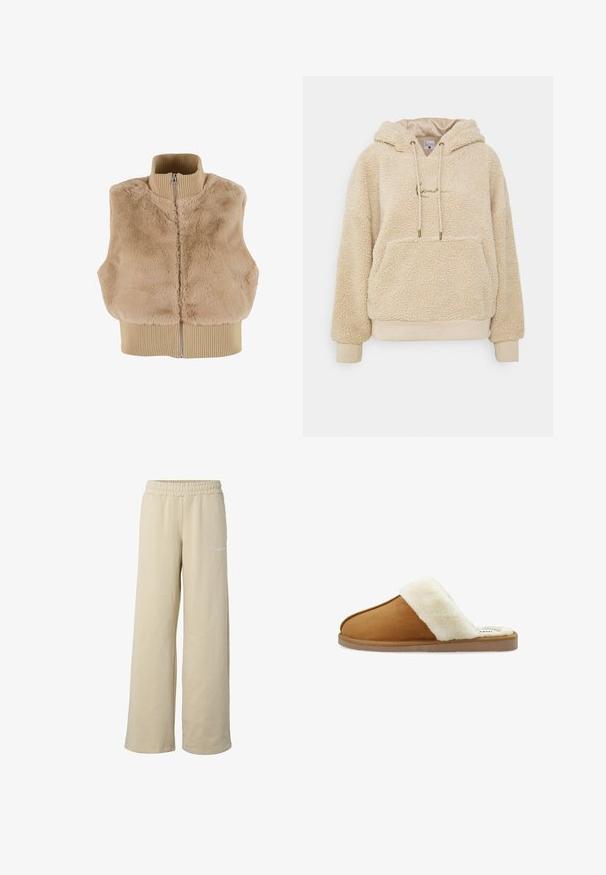 Gilet en fausse fourrure beige avec un col côtelé haut, fermeture éclair à l'avant et ourlet côtelé. Texture douce et coupe décontractée. Sans manches.; Pull à capuche en polaire beige avec un extérieur texturé, une poche avant et des cordons de serrage. Tissu doux avec des poignets et un ourlet côtelés.; Pantalon de survêtement beige à jambes larges avec taille élastique et petit logo blanc sur la cuisse supérieure, présenté sur fond blanc.; Pantoufle en daim brun avec un revers en fourrure blanche, conception à bout ouvert, texture douce et semelle plate en caoutchouc. Présente des coutures contrastées pour le détail.