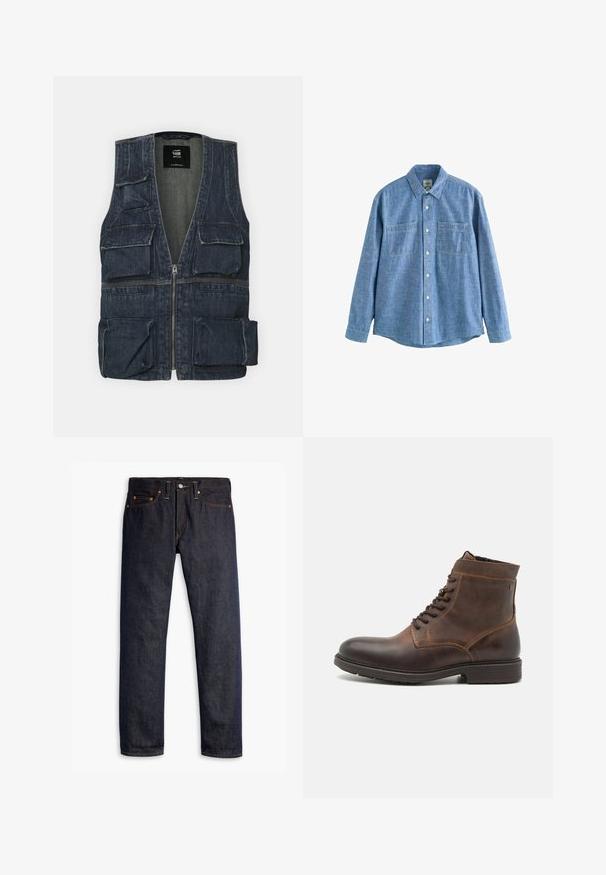 Denimli yelek, ön bölümde birçok cep, fermuarlı kapama ve V yaka tasarımına sahiptir. Renk koyu mavi ve hafif bir dokusu vardır.; Pitkähihainen sininen chambray-paita, jossa napillinen etuosa ja kaksi rintataskua, aseteltu tasaisesti valkoiselle taustalle.; Tummansiniset farkut suoralla leikkauksella, viisi-taskuinen muotoilu, kupariset niitit, keltainen ompelu ja erottuva teksturoitu kangas.; Jack & Jones JFWDELANEY BOOT - Nauhalliset nilkkurit - cognac